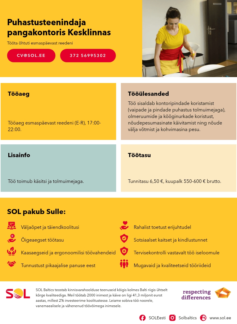 SOL Baltics OÜ Puhastusteenindaja pangakontoris Kesklinnas