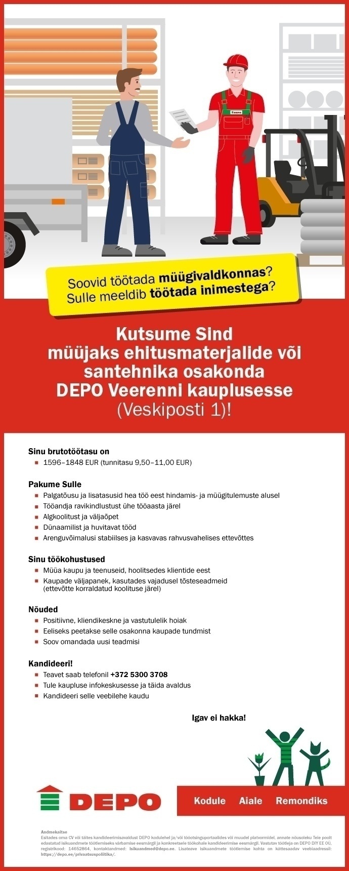 DEPO DIY EE OÜ Ehitusmaterjalide või santehnika osakonna müüja, Veerenni (Veskiposti 1)