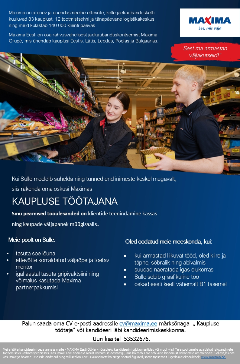 Maxima Eesti OÜ Kaupluse töötaja Paldiski Maximas