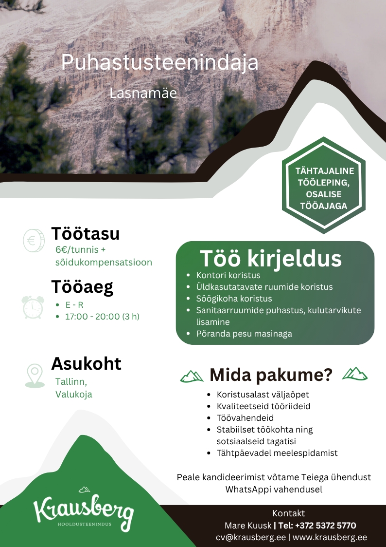 Krausberg Eesti OÜ Puhastusteenindaja Lasnamäe (õhtune, puhkuse asendus)