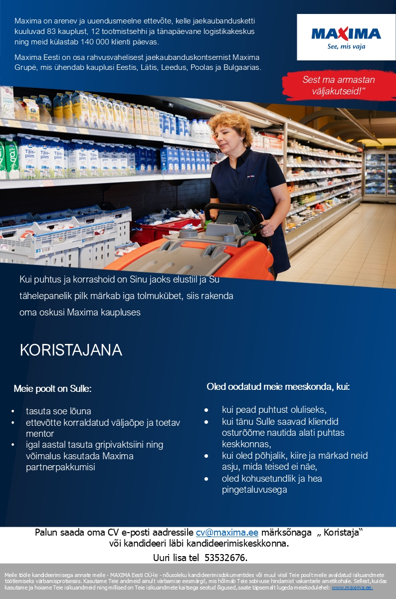 Maxima Eesti OÜ Koristaja Räpina Maximas osaline tööaeg