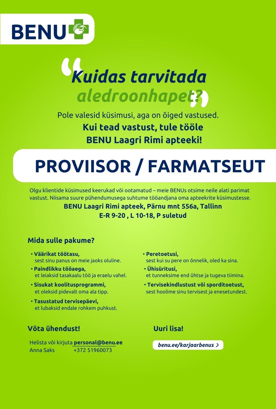 BENU Apteegid Proviisor/farmatseut BENU Laagri Rimi apteeki