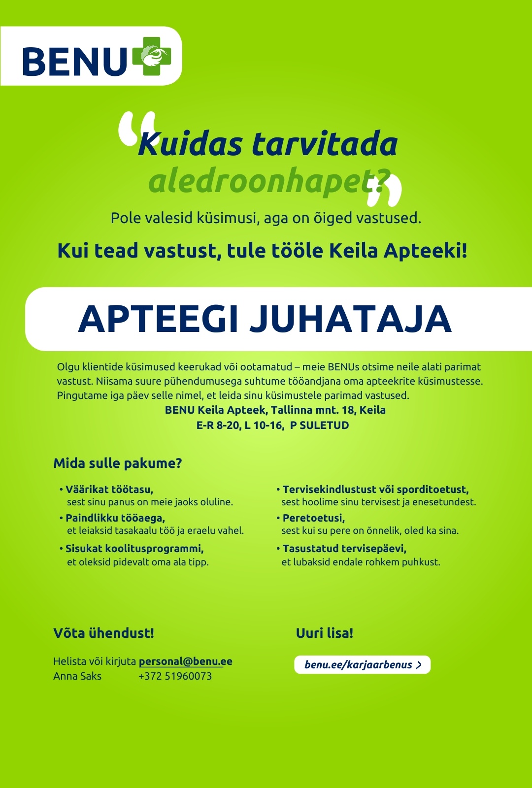 BENU Apteegid Proviisor-juhataja BENU Keila apteeki