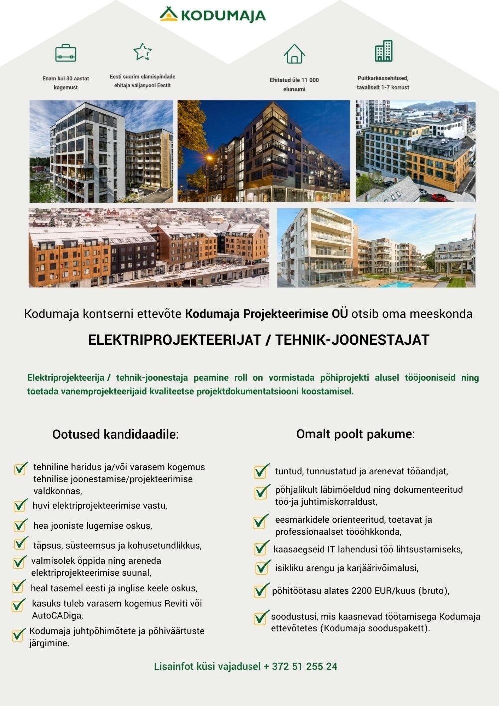 Kodumaja AS tütarettevõte Kodumaja Projekteerimise OÜ Elektriprojekteerija / tehnik-joonestaja