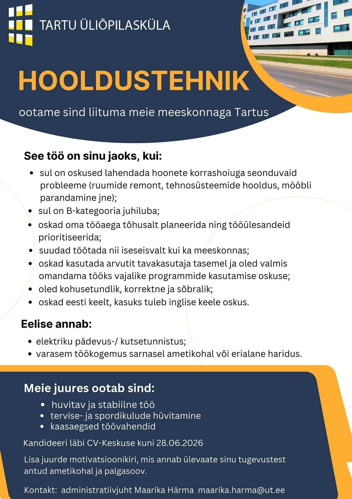 TARTU ÜLIÕPILASKÜLA MTÜ Hooldustehnik