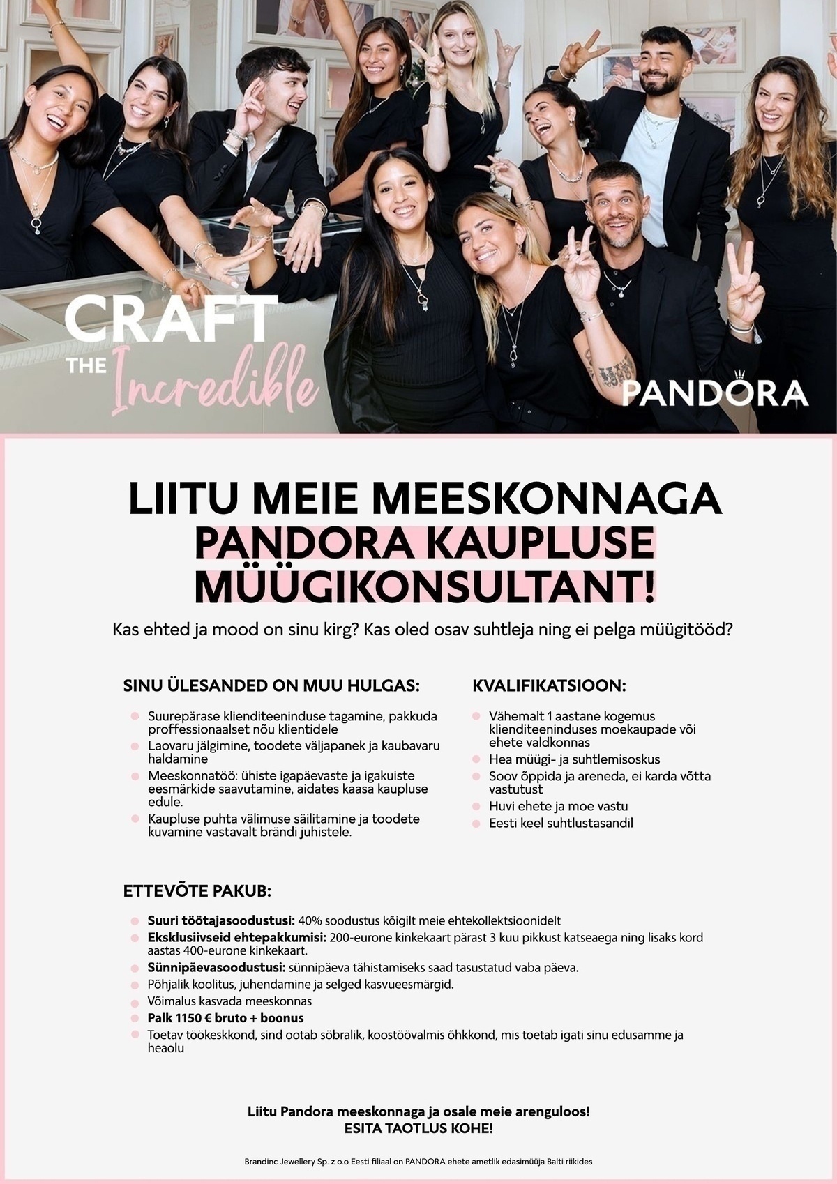 BRANDINC JEWELLERY Sp. z.o.o. Eesti filiaal Müügikonsultant Ülemiste või Viru Keskuses