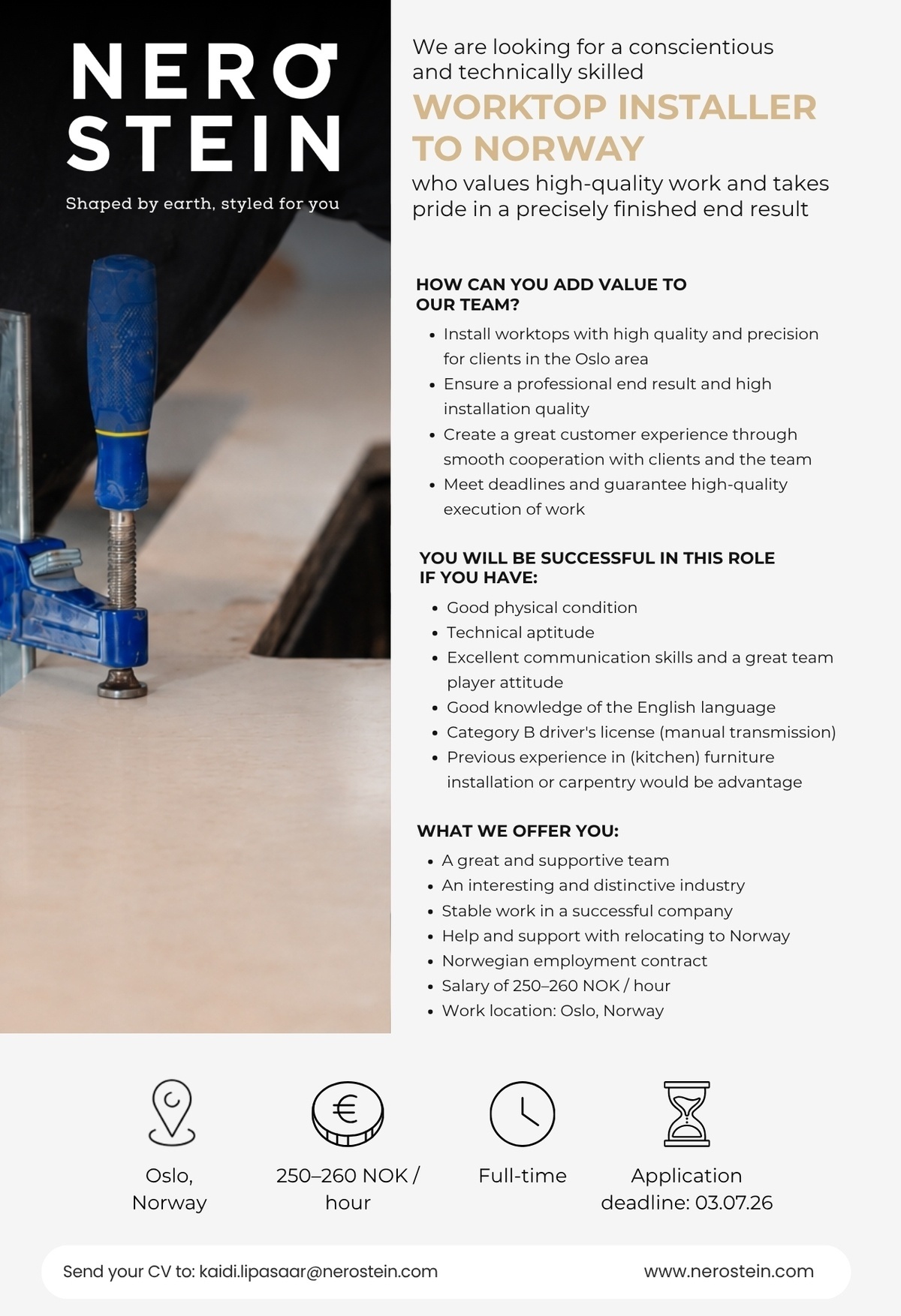 NEROSTEIN OÜ Worktop installer to Norway
