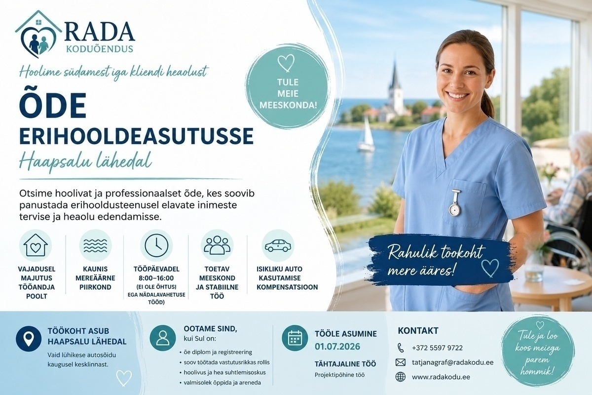 OÜ RADA Koduõendus Õde erihooldekodusse - vajadusel pakume majutust