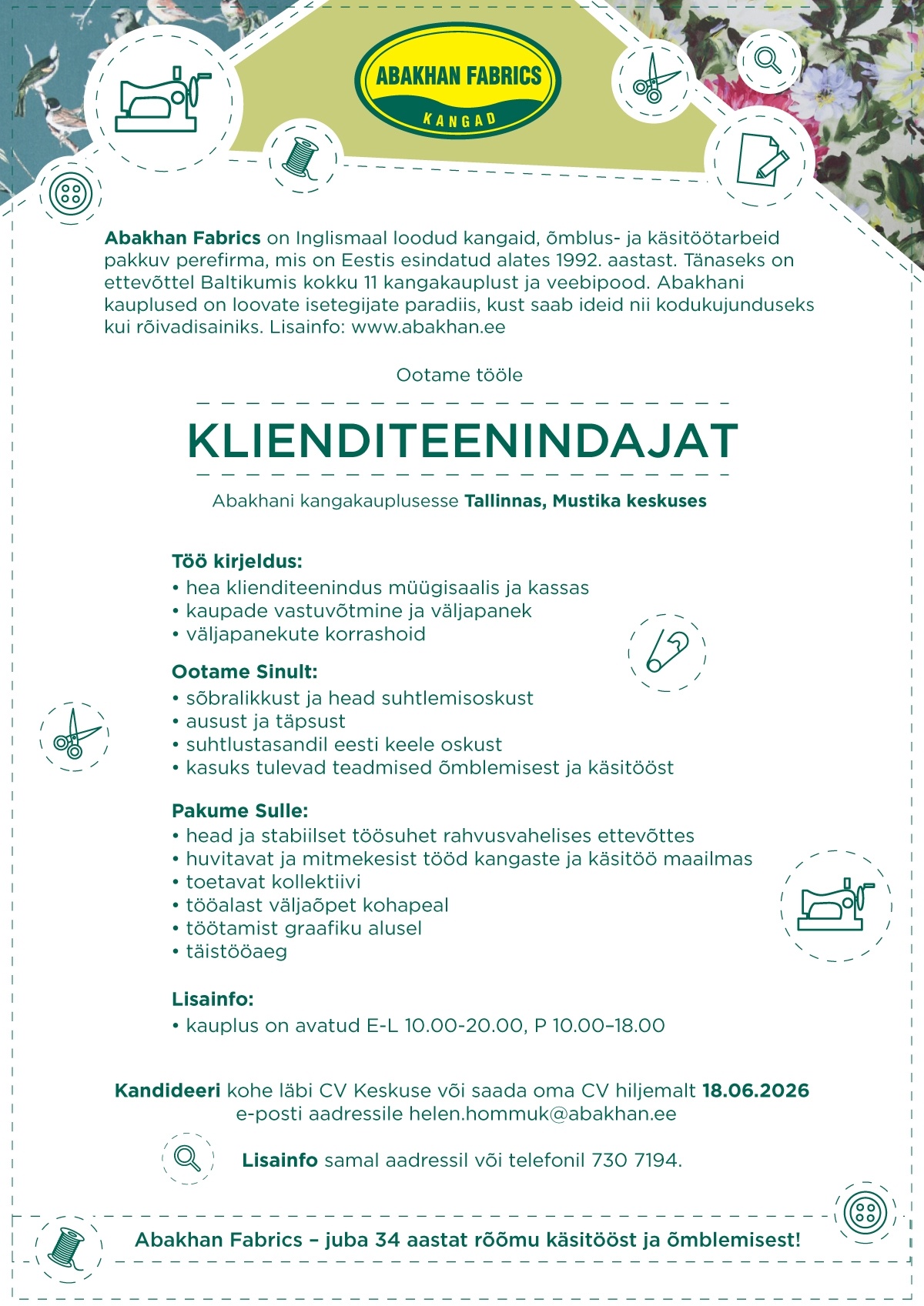 Abakhan Fabrics Eesti AS Klienditeenindaja Abakhani Mustika kauplusesse