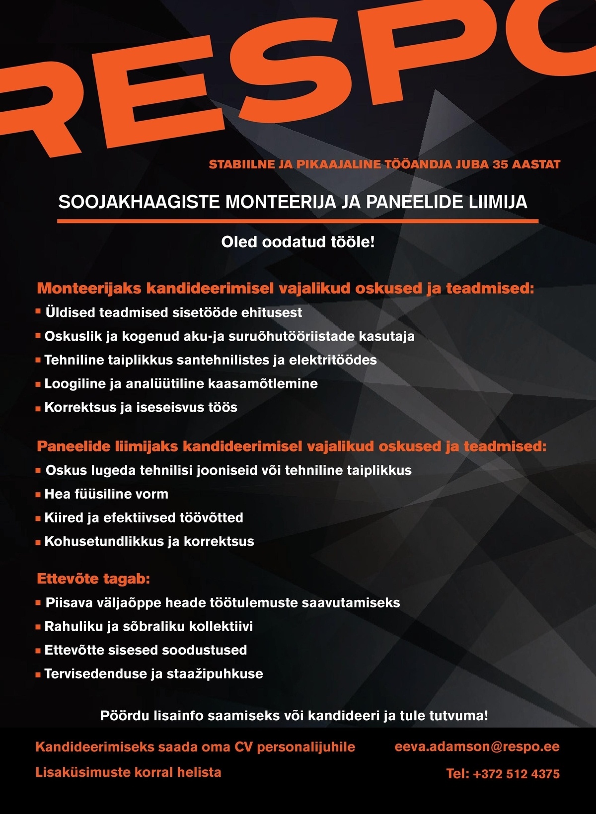 Respo Haagised AS SOOJAKHAAGISTE MONTEERIJA JA PANEELIDE LIIMIJA