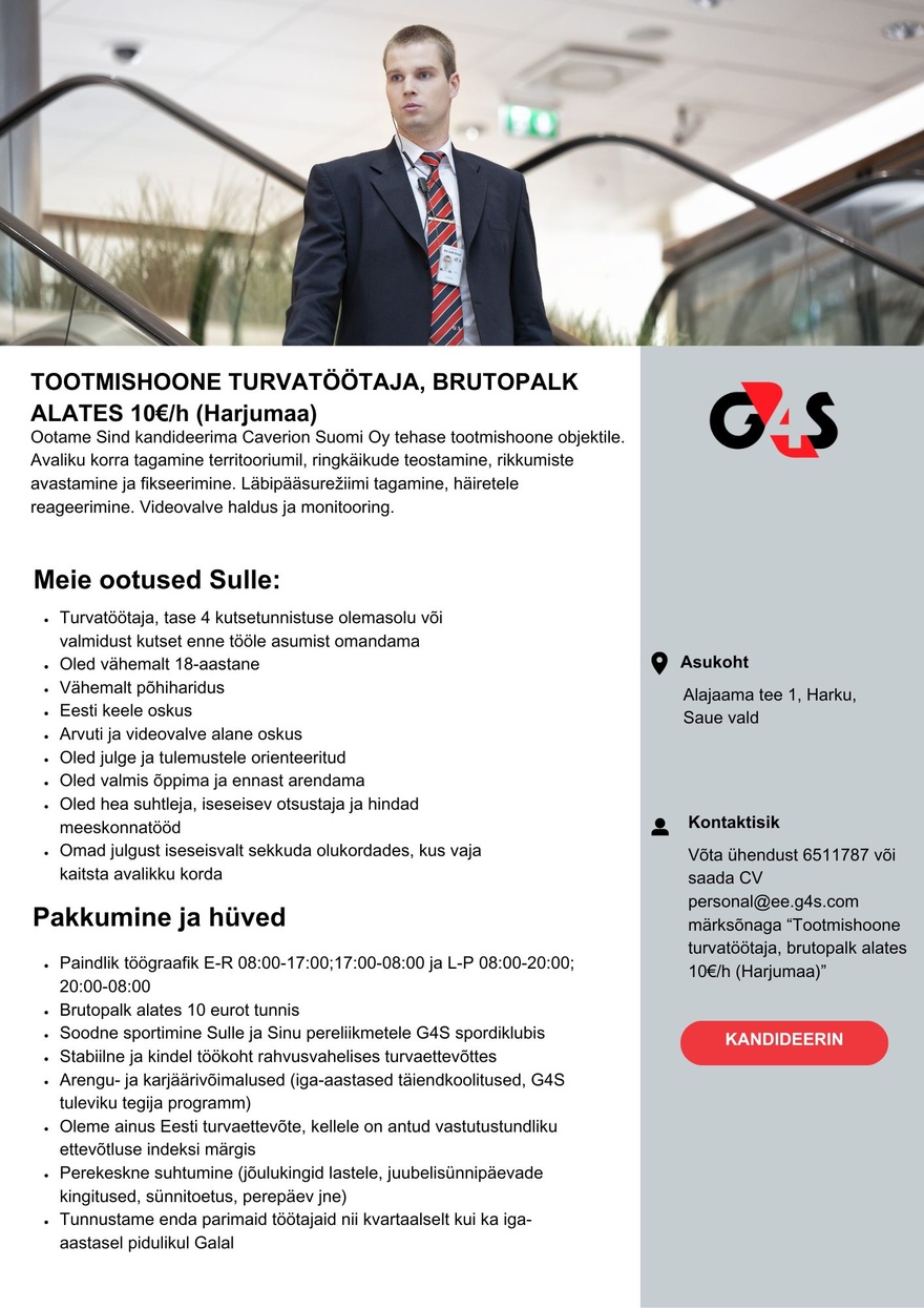 AS G4S Eesti Tootmishoone turvatöötaja, brutopalk alates 10€/h (Harjumaa