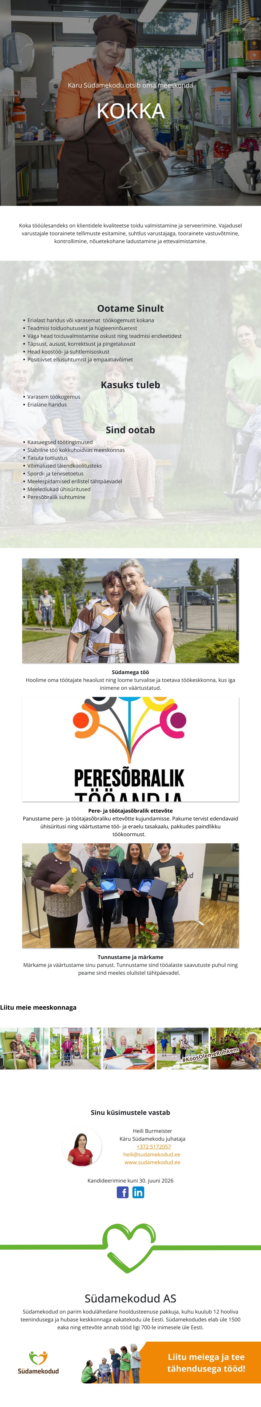 Käru Südamekodu Kokk Käru Südamekodusse