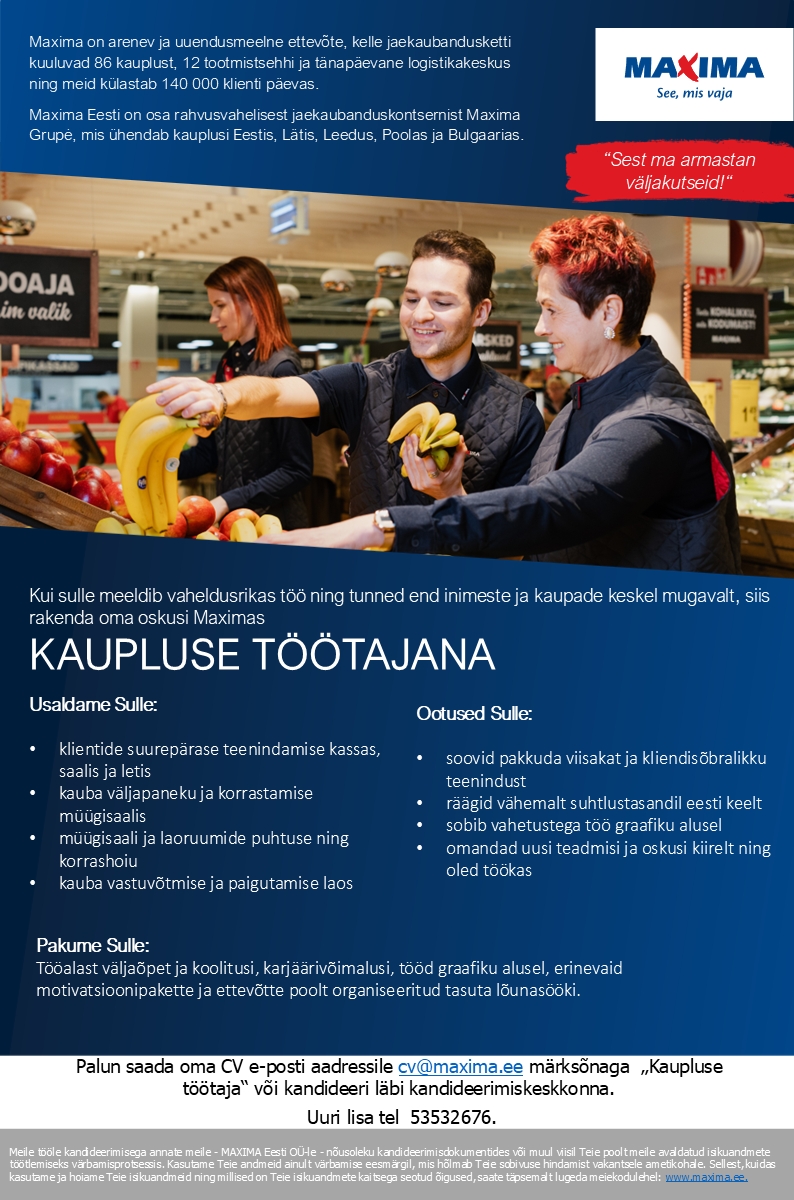 Maxima Eesti OÜ Kaupluse töötaja Paide Maximas