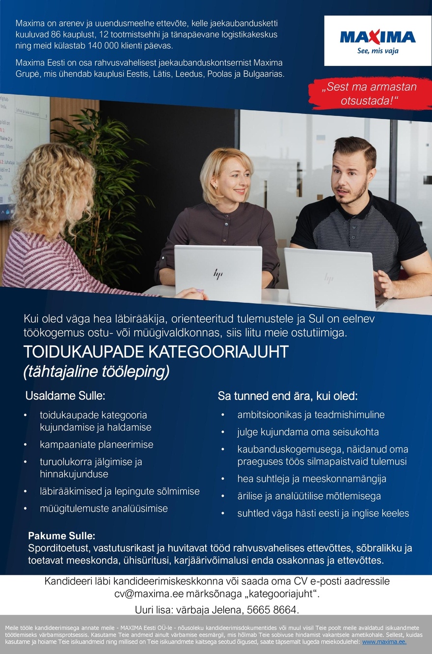 Maxima Eesti OÜ Toidukaupade kategooriajuht (tähtajaline tööleping)