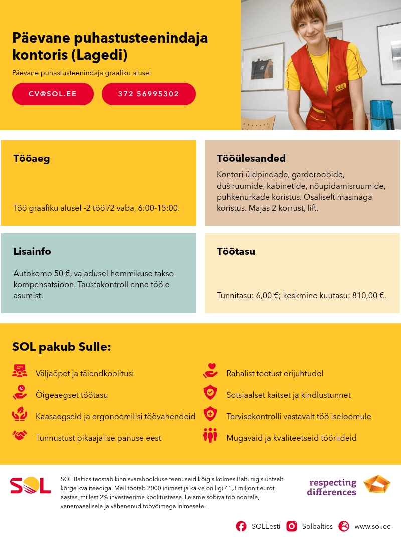 SOL Baltics OÜ Päevane puhastusteenindaja kontoris (Lagedi)