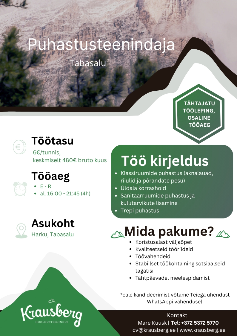 Krausberg Eesti OÜ Puhastusteenindaja Tabasalu (õhtune, osaline tööaeg)