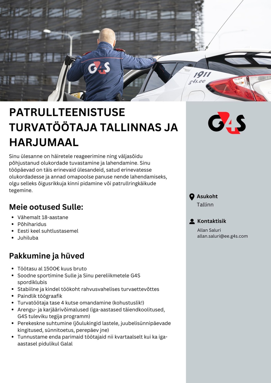 AS G4S Eesti Patrullteenistuse turvatöötaja Tallinnas ja Harjumaal