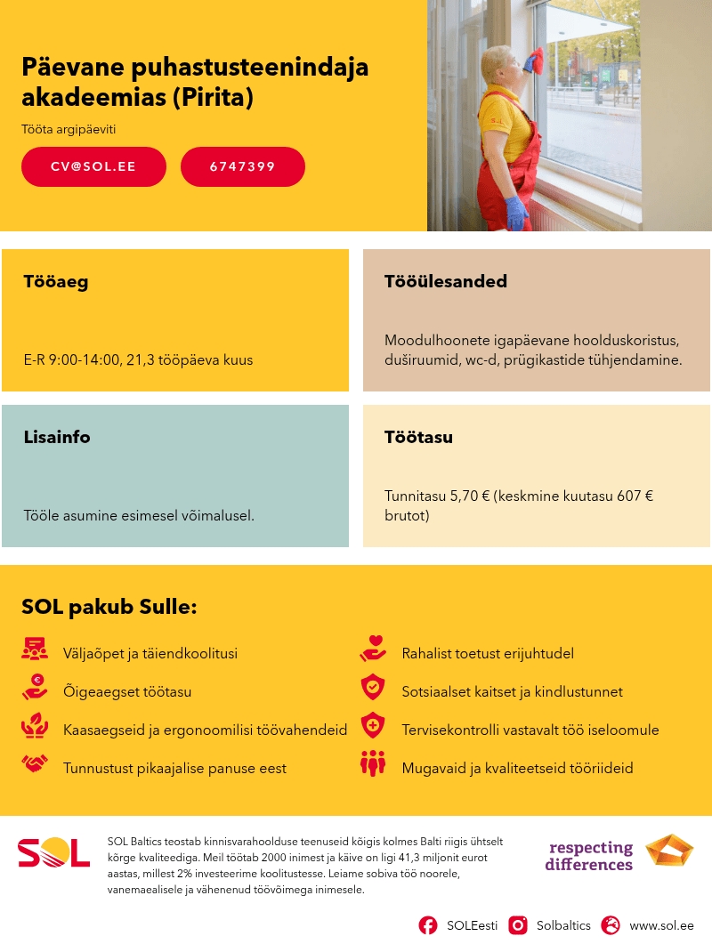 SOL Baltics OÜ Päevane puhastusteenindaja akadeemias (Pirita)