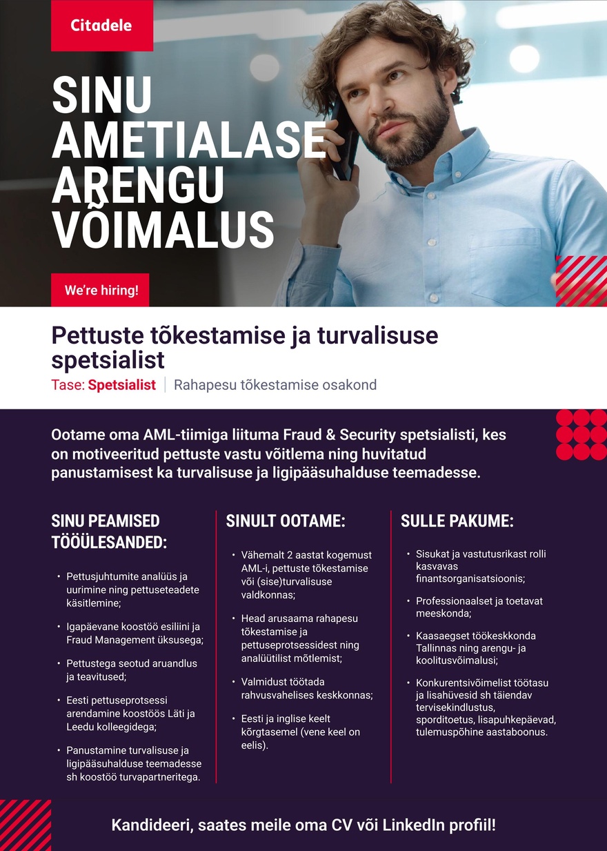AS CITADELE BANKA EESTI FILIAAL Pettuste tõkestamise ja turvalisuse spetsialist