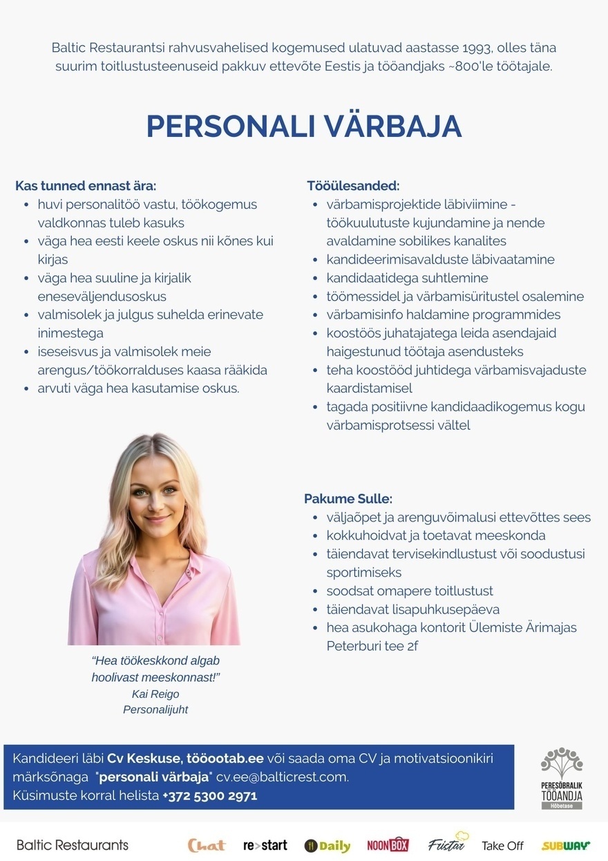 Baltic Restaurants Estonia AS Personali värbaja