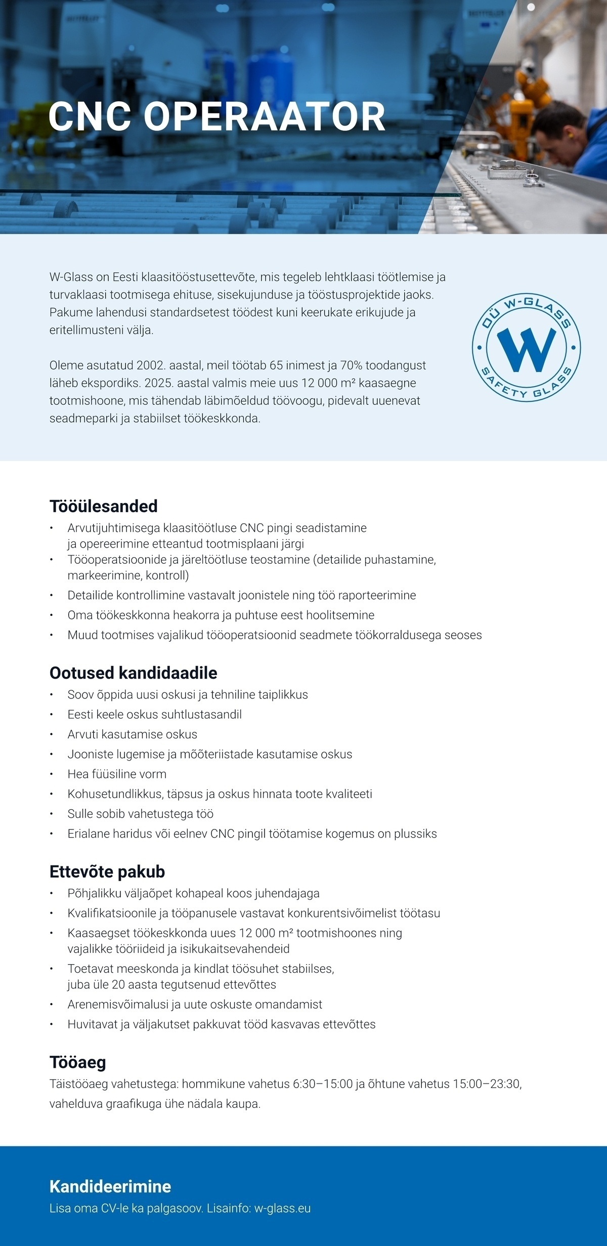 W-Glass OÜ CNC-pingi operaator
