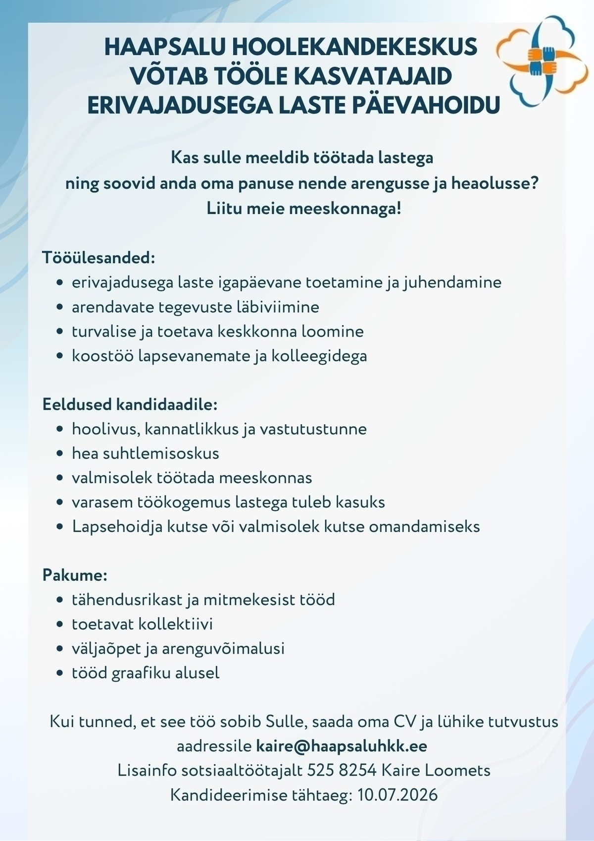 Haapsalu Hoolekandekeskus Kasvataja erivajadusega laste päevahoidu
