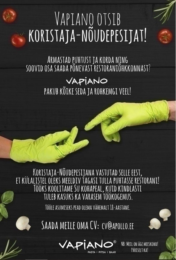 Vapi People OÜ SOLARIS VAPIANO otsib oma tiimi NÕUDEPESIJAT! (Tegu ei ole suvetööga)