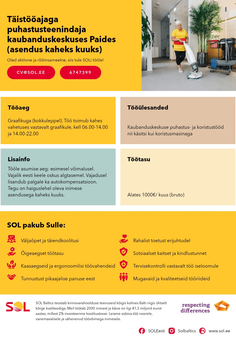 SOL Baltics OÜ Täistööajaga puhastusteenindaja kaubanduskeskuses Paides (asendus kaheks kuuks)