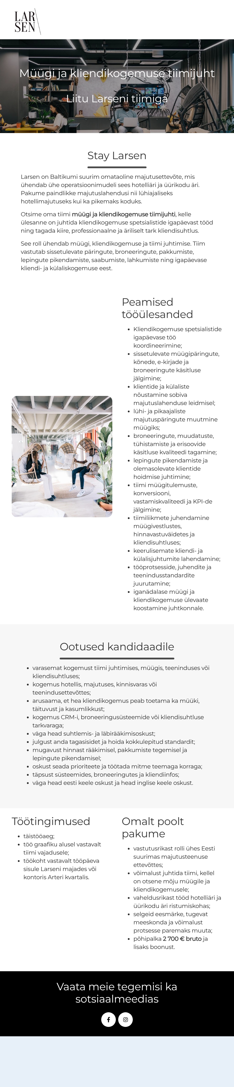 Stay Larsen OÜ Müügi ja kliendikogemuse tiimijuht