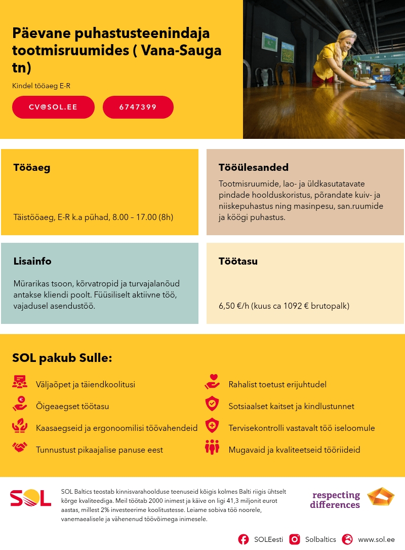 SOL Baltics OÜ Päevane puhastusteenindaja tootmisruumides ( Vana-Sauga tn)