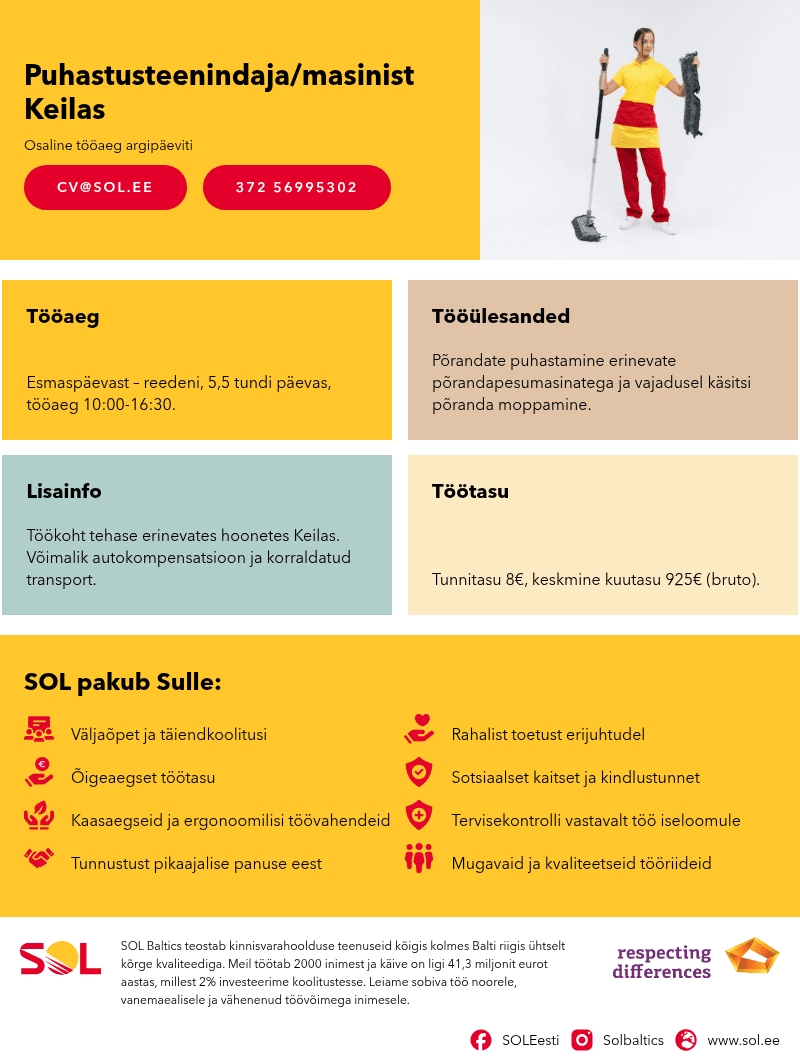 SOL Baltics OÜ Puhastusteenindaja/masinist Keilas