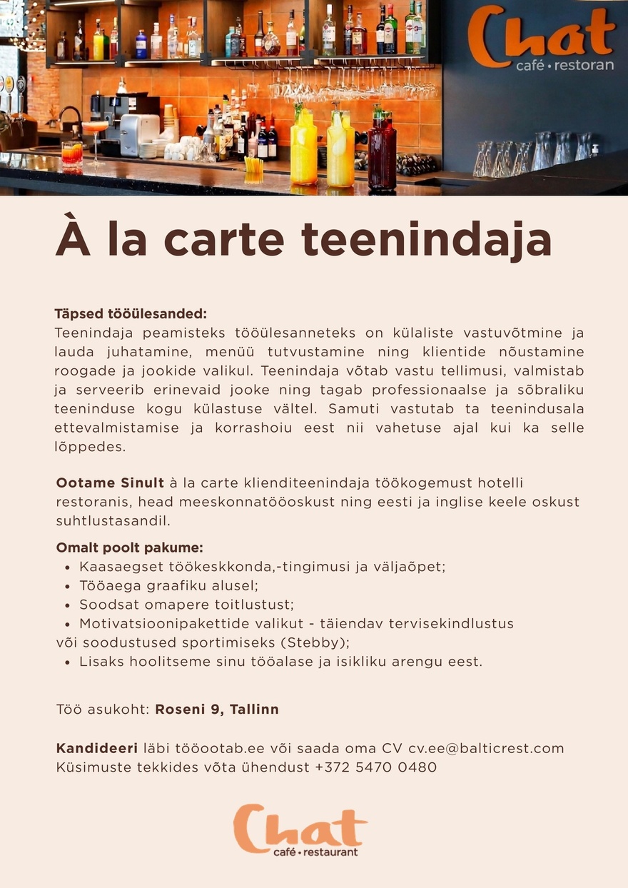 Baltic Restaurants Estonia AS Klienditeenindaja Chat café restorani!