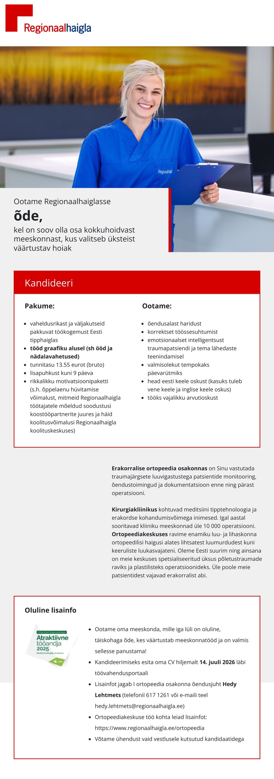Põhja-Eesti Regionaalhaigla Õde I ortopeedia osakonda