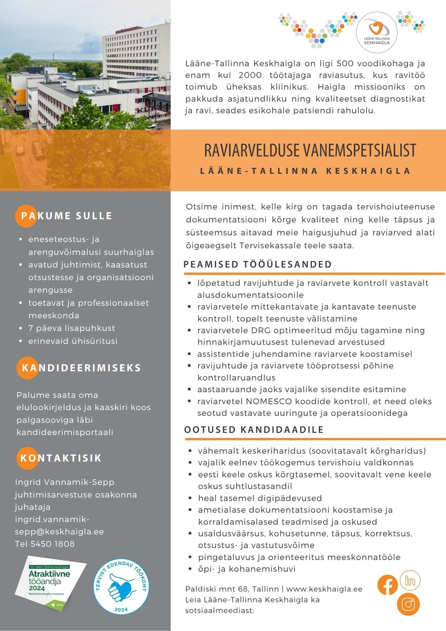 Lääne-Tallinna Keskhaigla Raviarvelduse vanemspetsialist