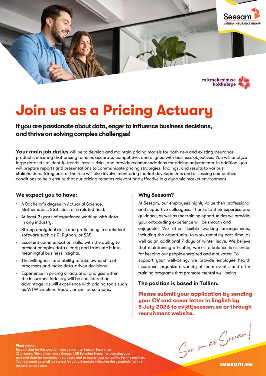 Compensa Vienna Insurance Group, ADB Estonian Branch Pricing Actuary
