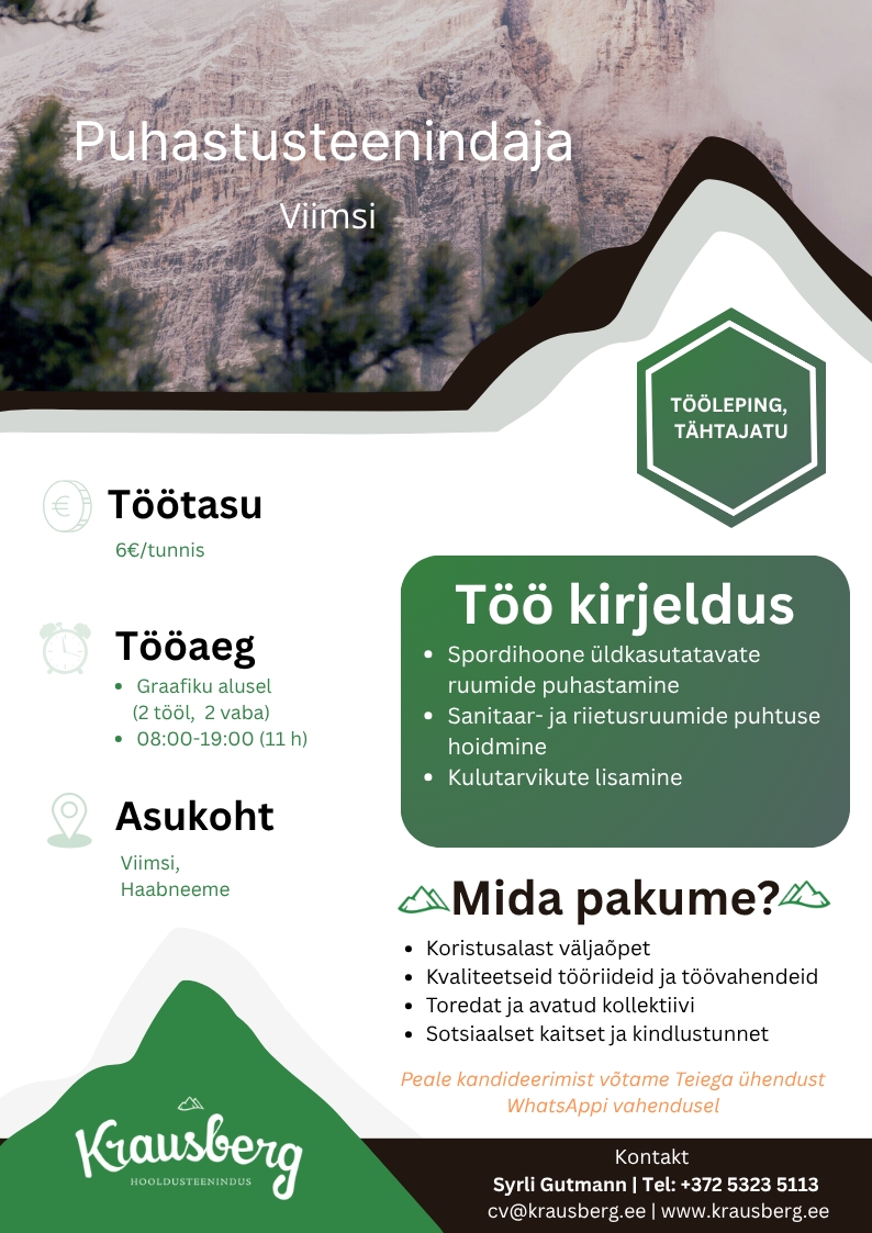 Krausberg Eesti OÜ Puhastusteenindaja Viimsi (täiskoormusega graafiku alusel)