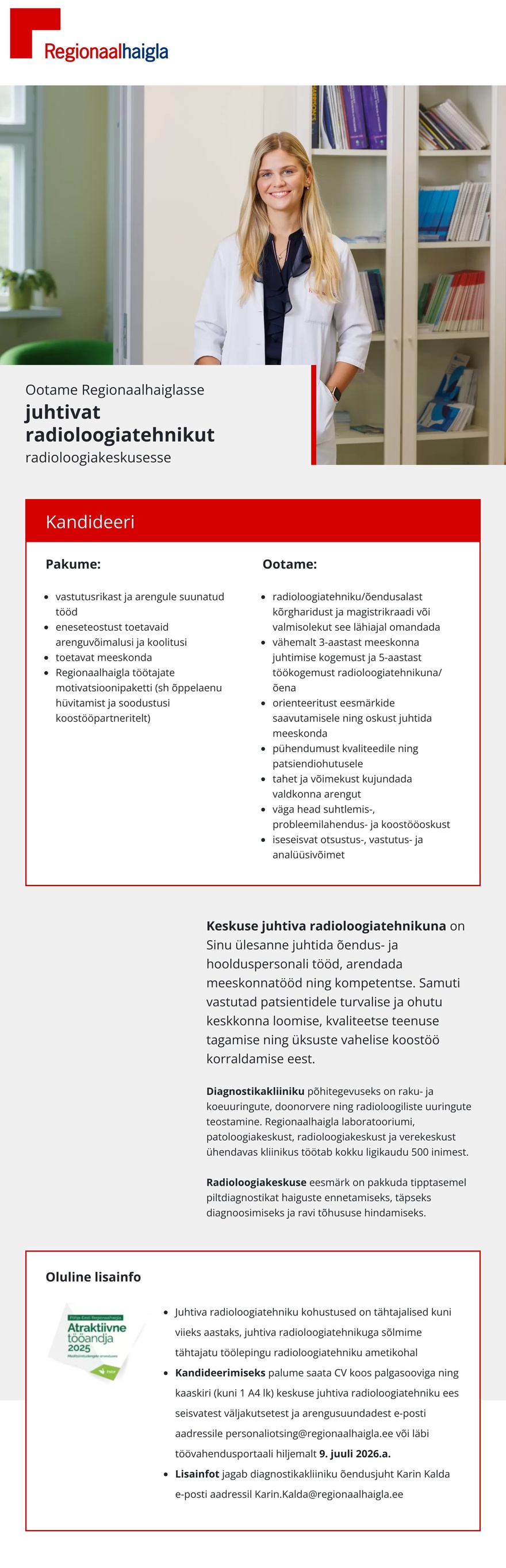 Põhja-Eesti Regionaalhaigla Juhtiv radioloogiatehnik radioloogiakeskusesse