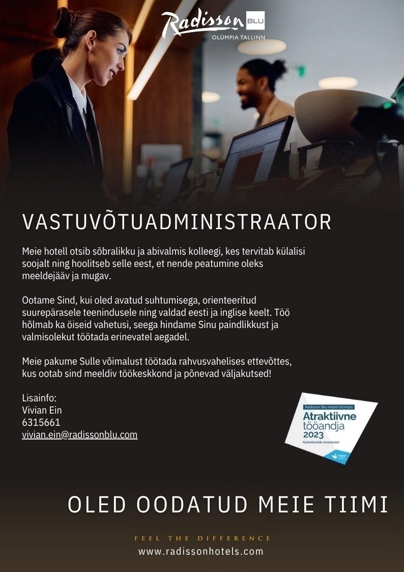 Radisson Blu Hotel Olümpia / Hotell Olümpia AS Vastuvõtuadministraator