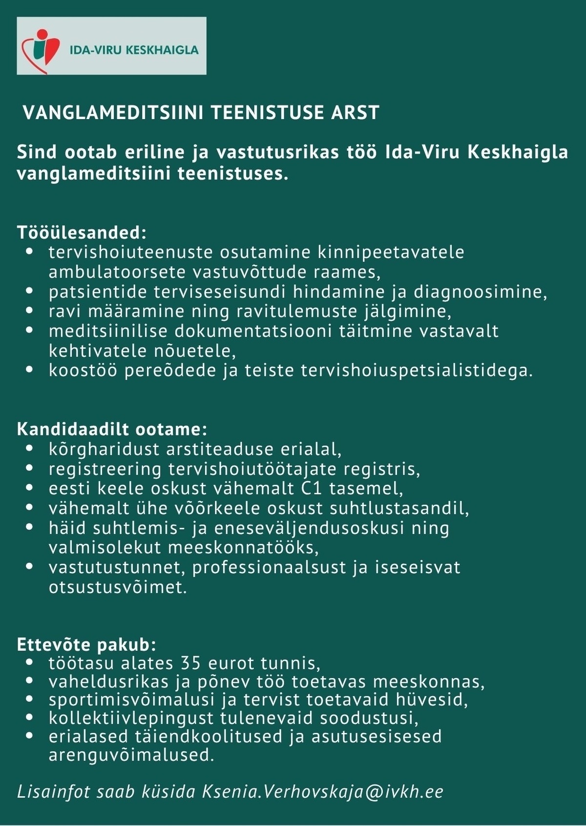Ida-Viru Keskhaigla SA Arst vanglameditsiini teenistusse