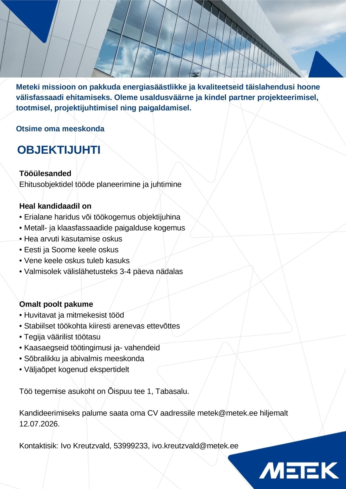 METEK OÜ Objektijuht