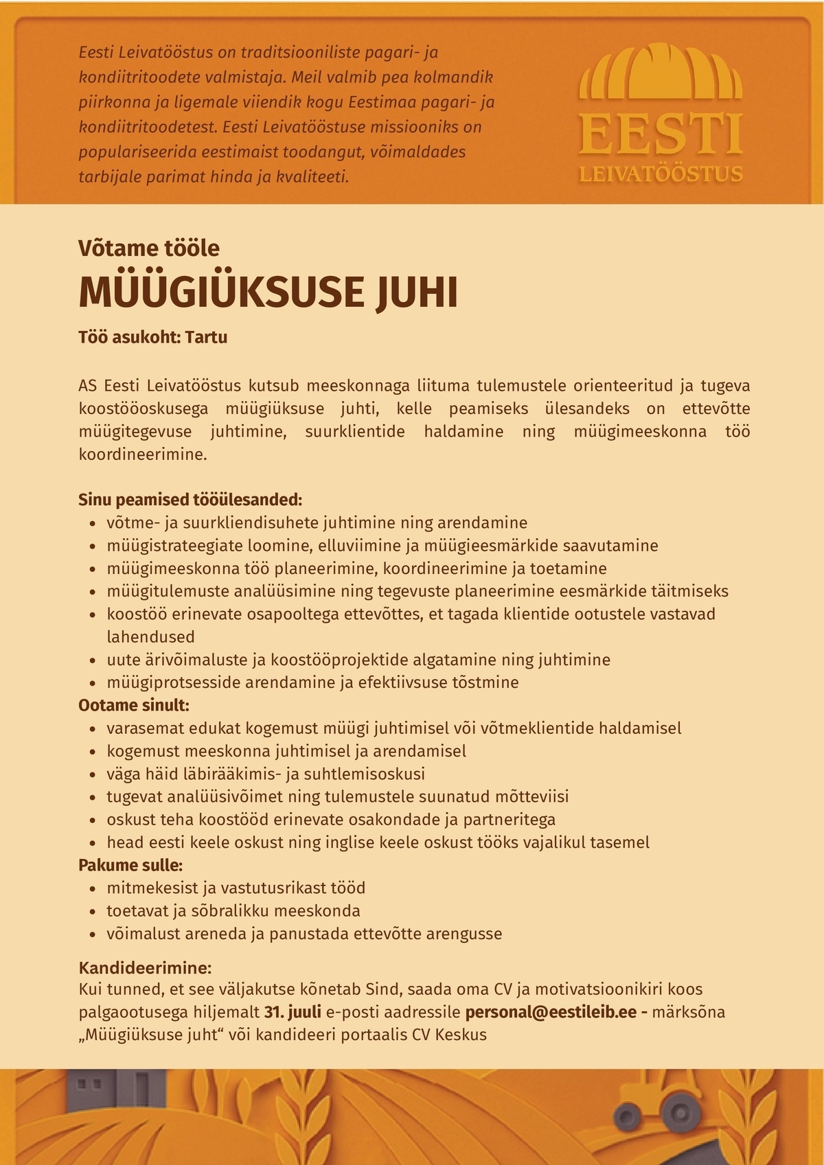 EESTI LEIVATÖÖSTUS AS MÜÜGIÜKSUSE JUHT