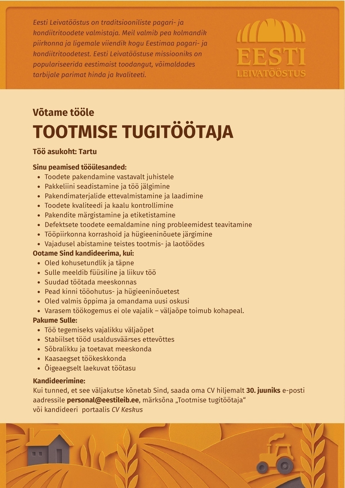 EESTI LEIVATÖÖSTUS AS TOOTMISE TUGITÖÖTAJA
