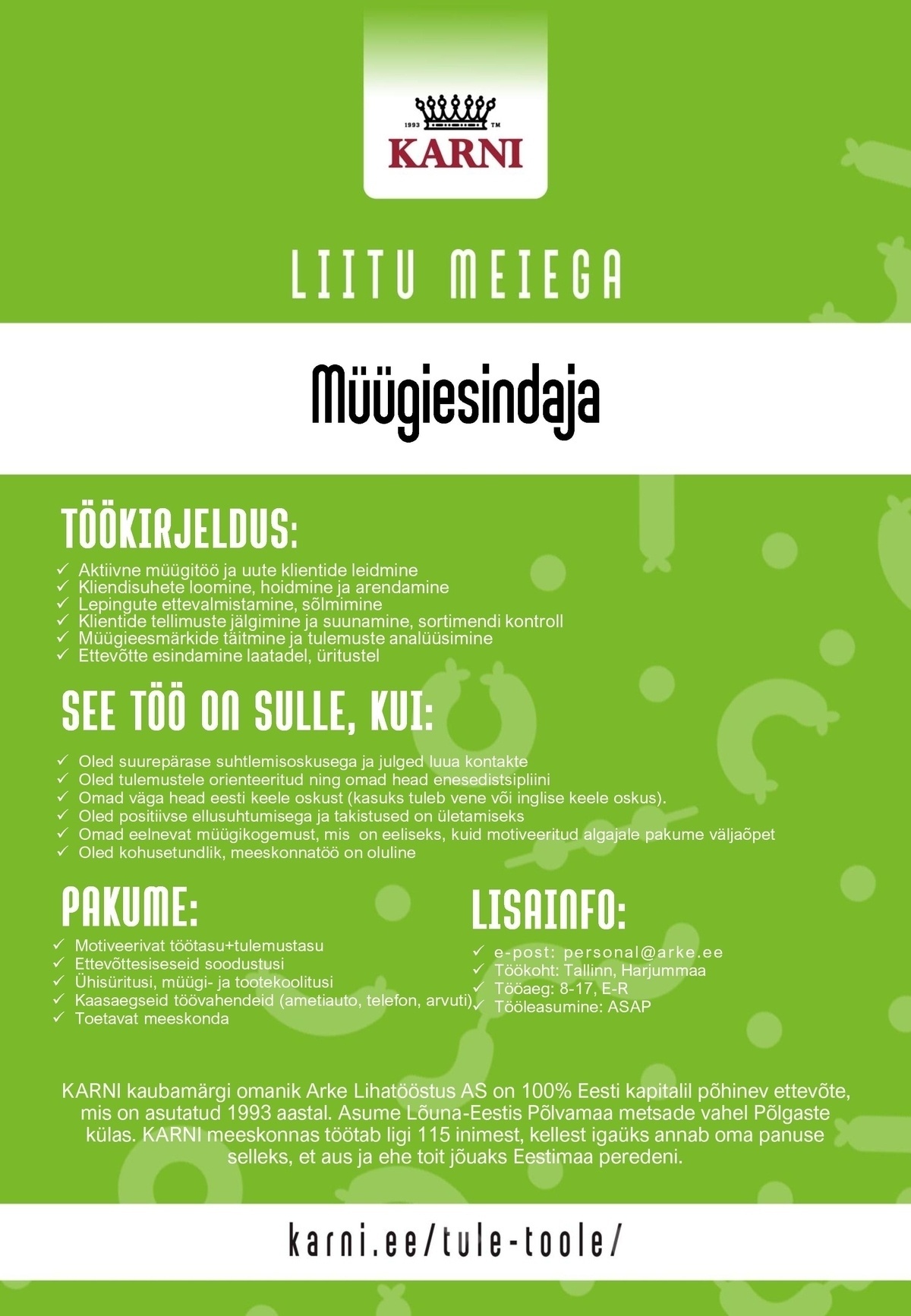 Arke Lihatööstus AS Müügiesindaja