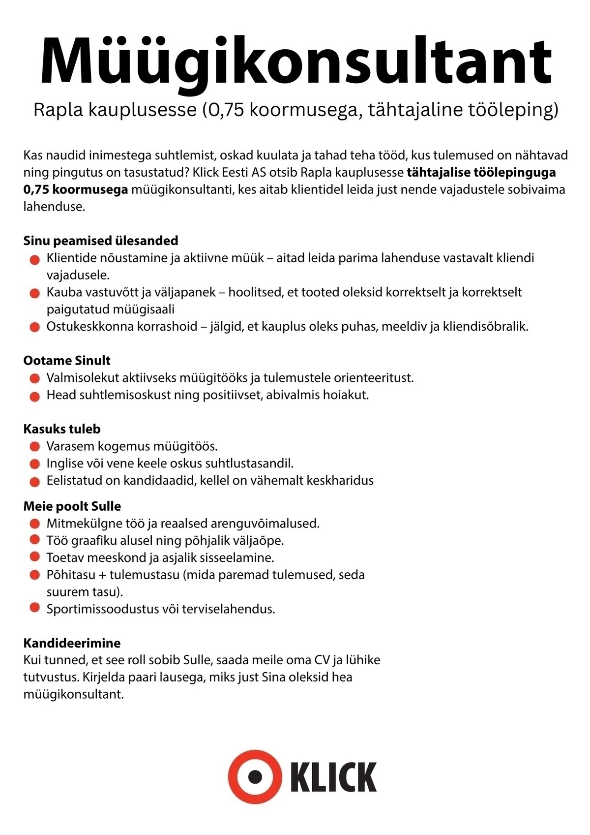 Klick Eesti AS Müügikonsultant tähtajaline tööleping