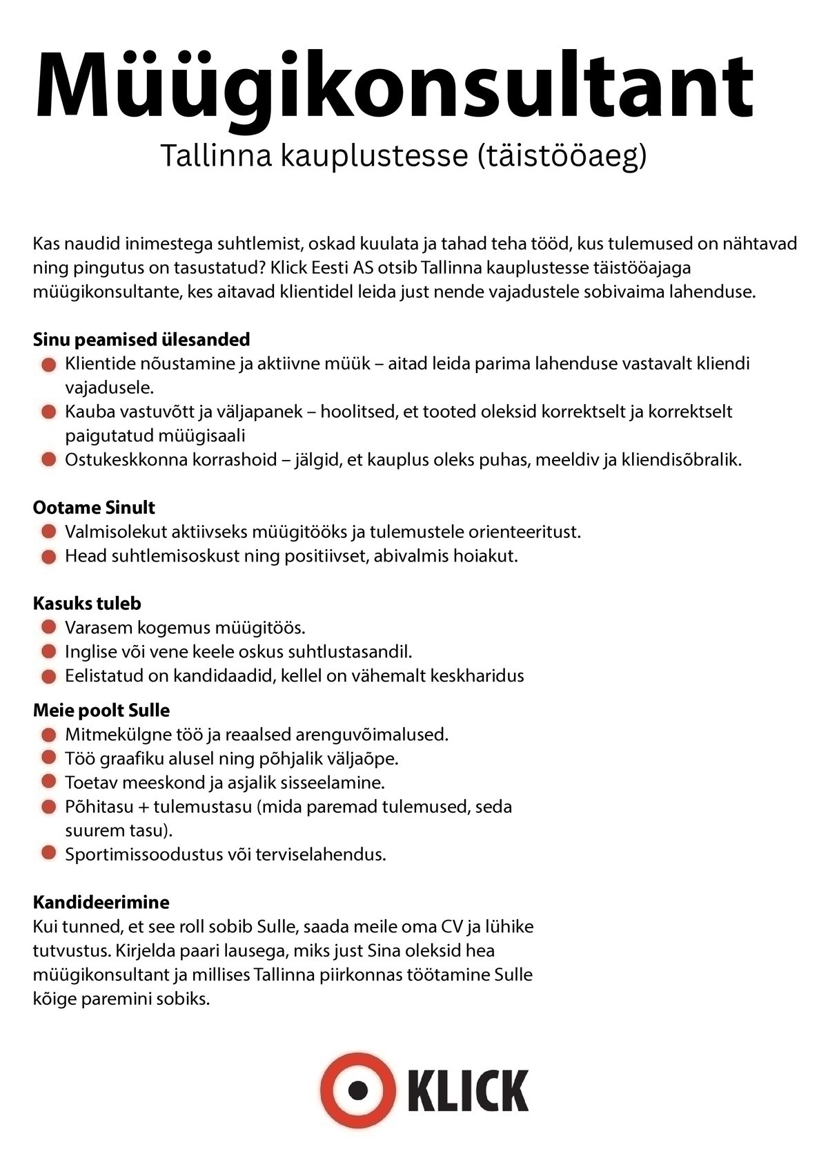 Klick Eesti AS Müügikonsultant (Tallinn)