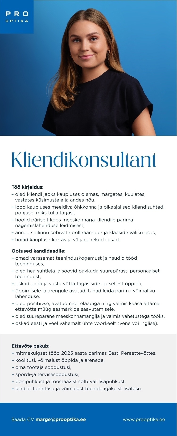 Pro Optika Kliendikonsultant Pro Optika kaupluses Järve Keskuses