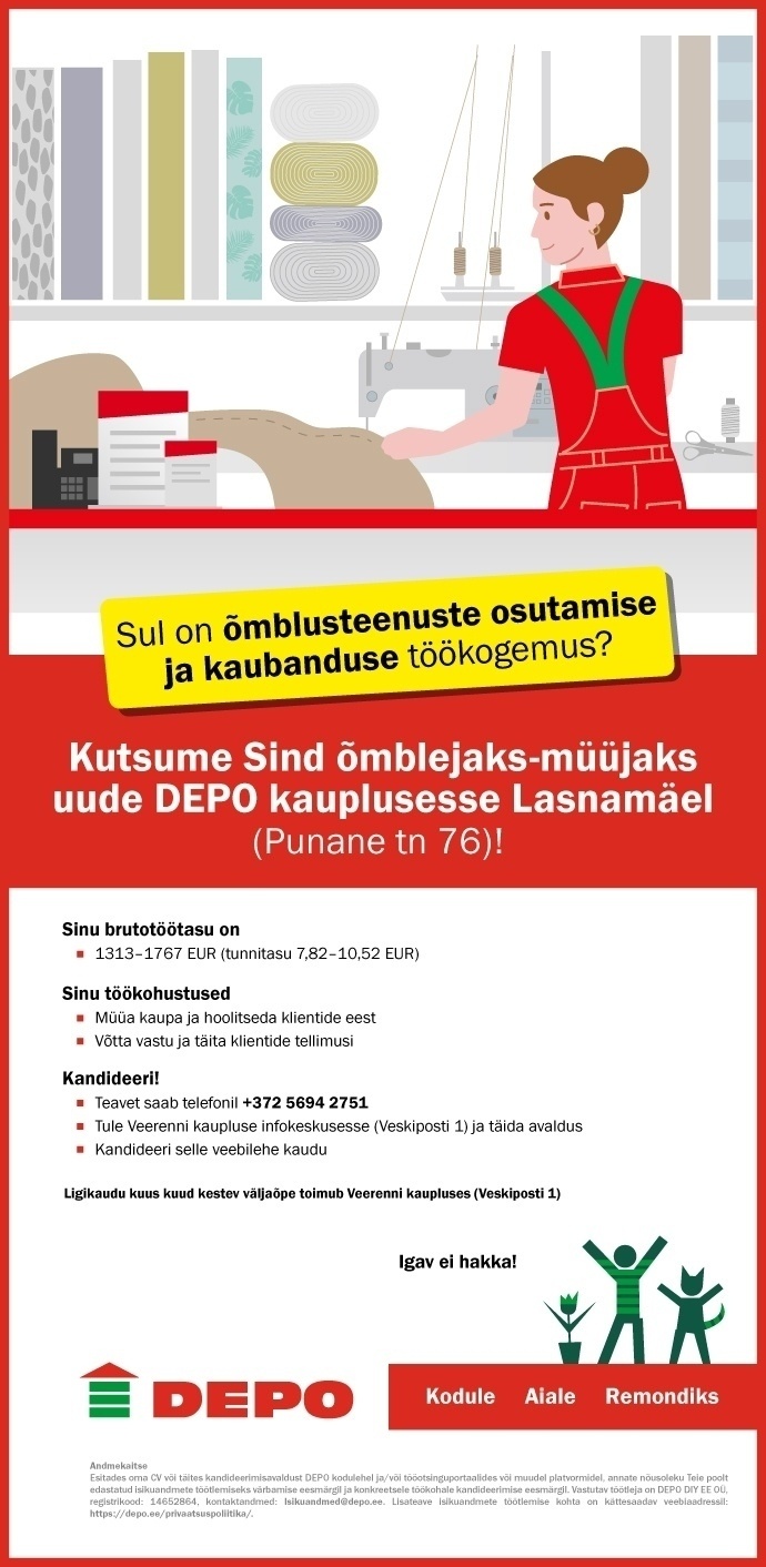 DEPO DIY EE OÜ Õmbleja-müüja, Lasnamäe (Punane tn 76)