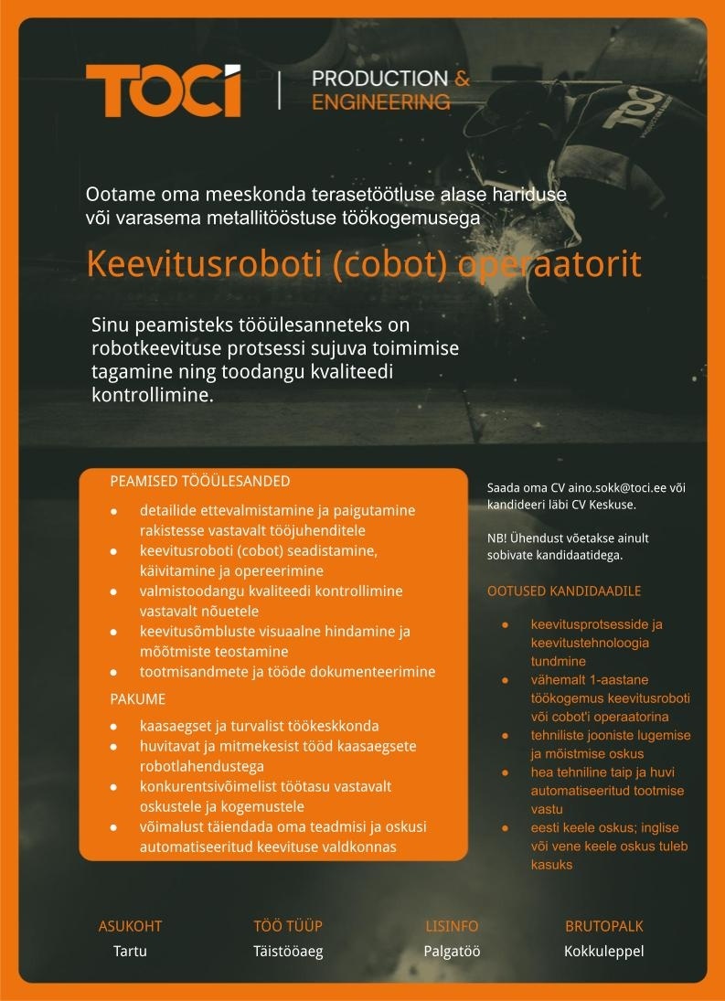 TOCI OÜ Keevitusroboti (cobot) operaator