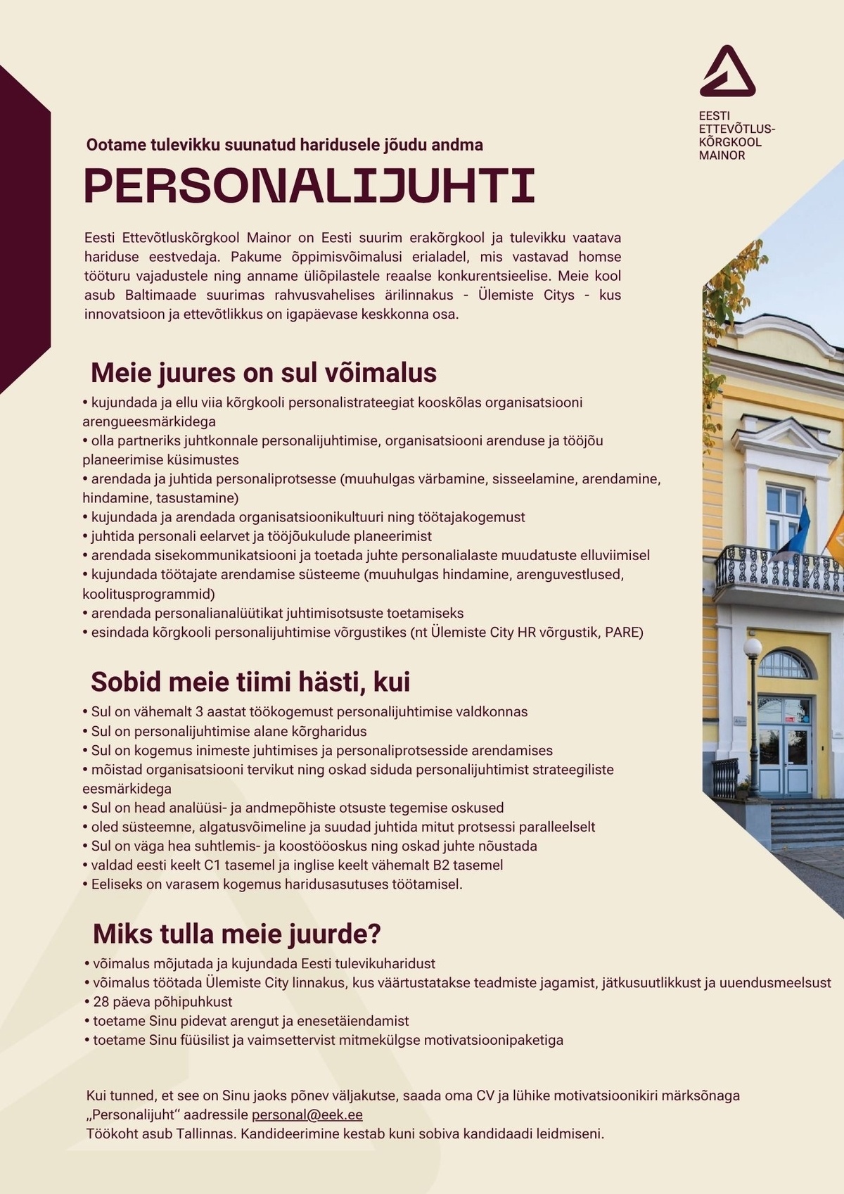 AS Eesti Ettevõtluskõrgkool Mainor Personalijuht