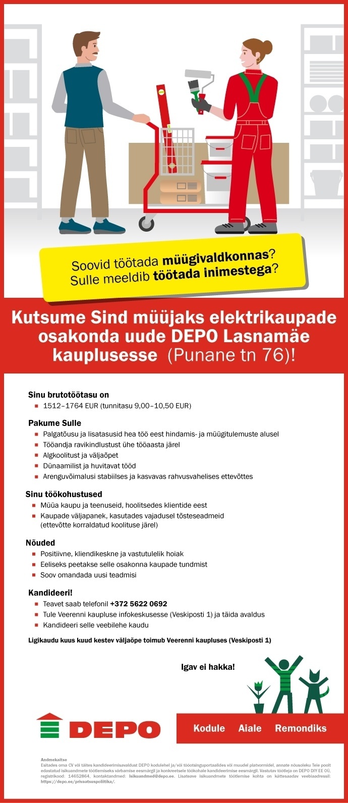 DEPO DIY EE OÜ Elektrikaupade osakonna müüja, Lasnamäe (Punane tn 76)